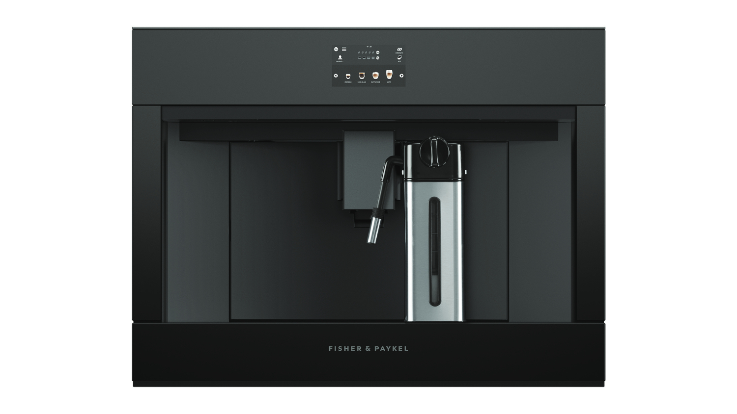 A front view of the coffee machine showing both the brewing unit and milk frother.