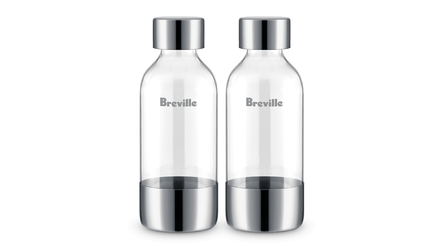 Two clear 600ml Breville water bottles with silver caps and bases