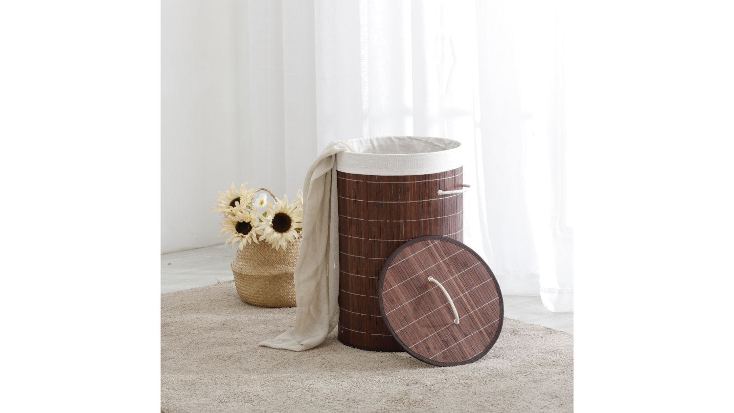 Sherwood Bamboo Round Tall Laundry Hamper w/ Cover - Brown