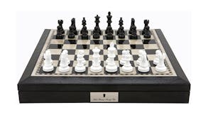 Dal Rossi 16 Inch Black & White Chess Set with Compartment - Black Leather