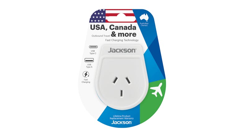 Jackson Outbound Slim Dual Wall Charger (USB-A & USB-C) With Travel Adapters for USA - White