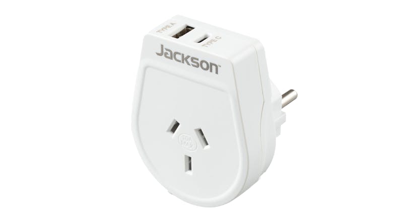 Jackson Outbound Slim Dual Wall Charger (USB-A & USB-C) With Travel Adapters for EU - White