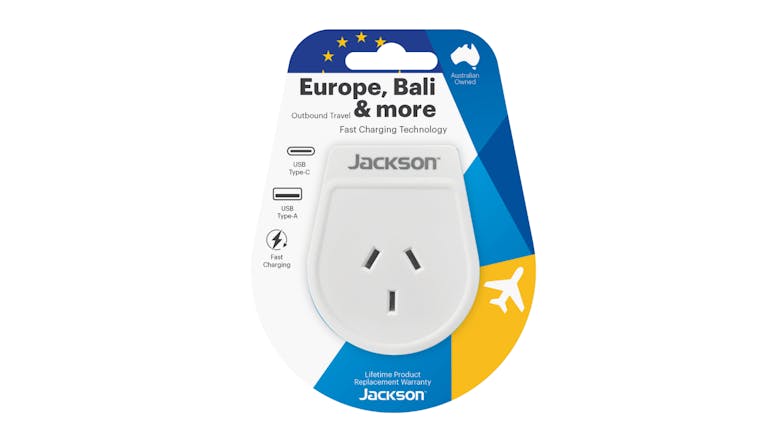 Jackson Outbound Slim Dual Wall Charger (USB-A & USB-C) With Travel Adapters for EU - White