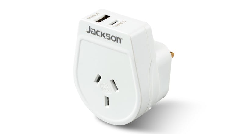 Jackson Outbound Slim Dual Wall Charger (USB-A & USB-C) With Travel Adapters for UK & Hong Kong - White