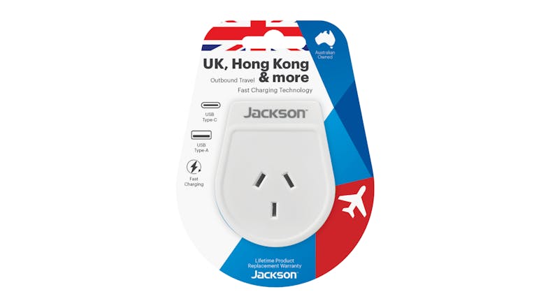 Jackson Outbound Slim Dual Wall Charger (USB-A & USB-C) With Travel Adapters for UK & Hong Kong - White