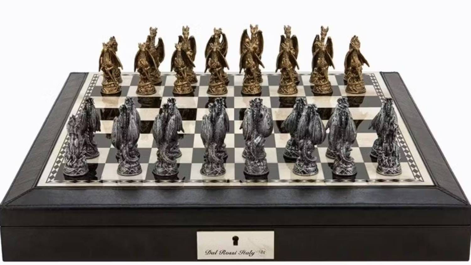 Dal Rossi 18" Dragon Pewter Chess Set - Black PU Leather Edge