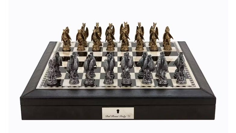 Dal Rossi 18" Dragon Pewter Chess Set - Black PU Leather Edge