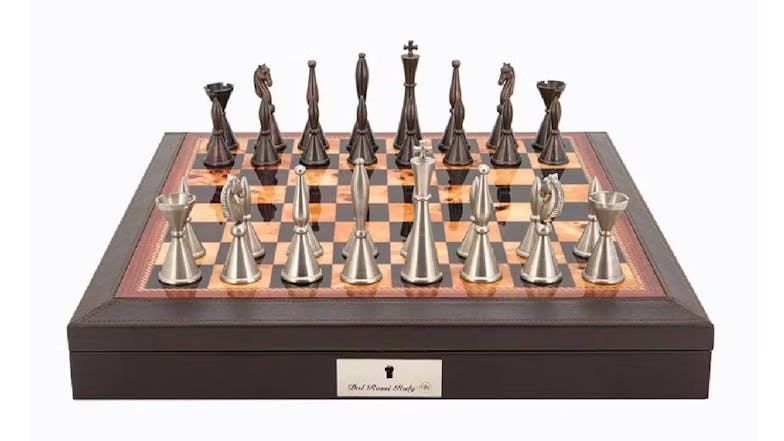 Dal Rossi 18" Staunton Metal Chess Set - Brown PU Leather Edge