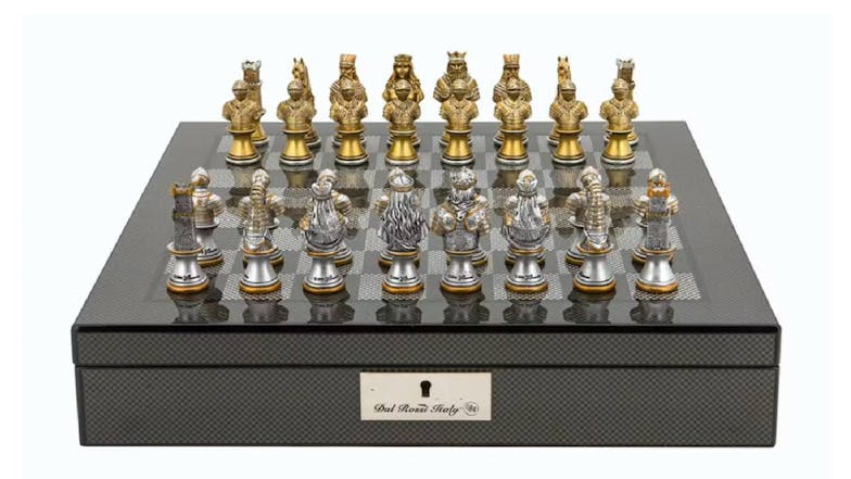 Dal Rossi 16" Medieval Warriors Chess Set - Carbon Fibre Shiny Finish