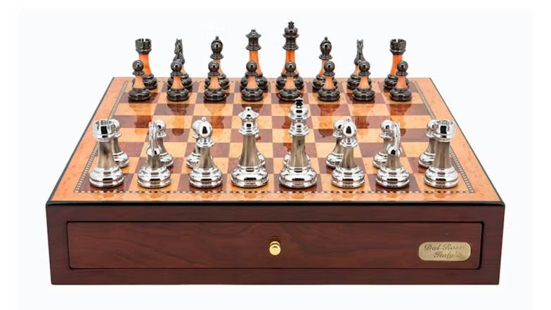 Dal Rossi 18" Staunton Metal/Marble Chess Set - Red Mahogany Finish
