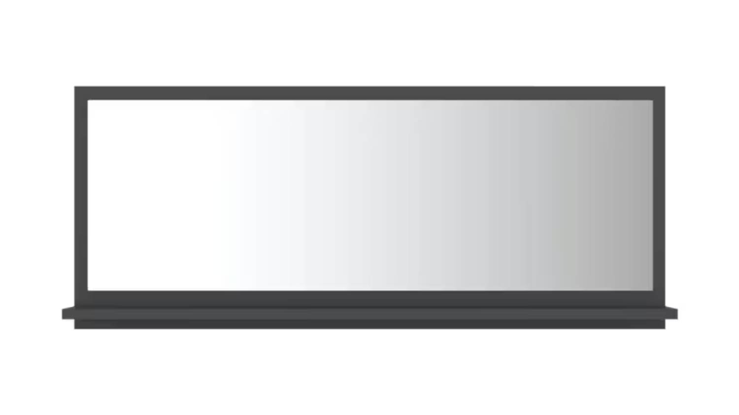 A rectangular grey-framed bathroom mirror with a slim frame and an integrated bottom shelf