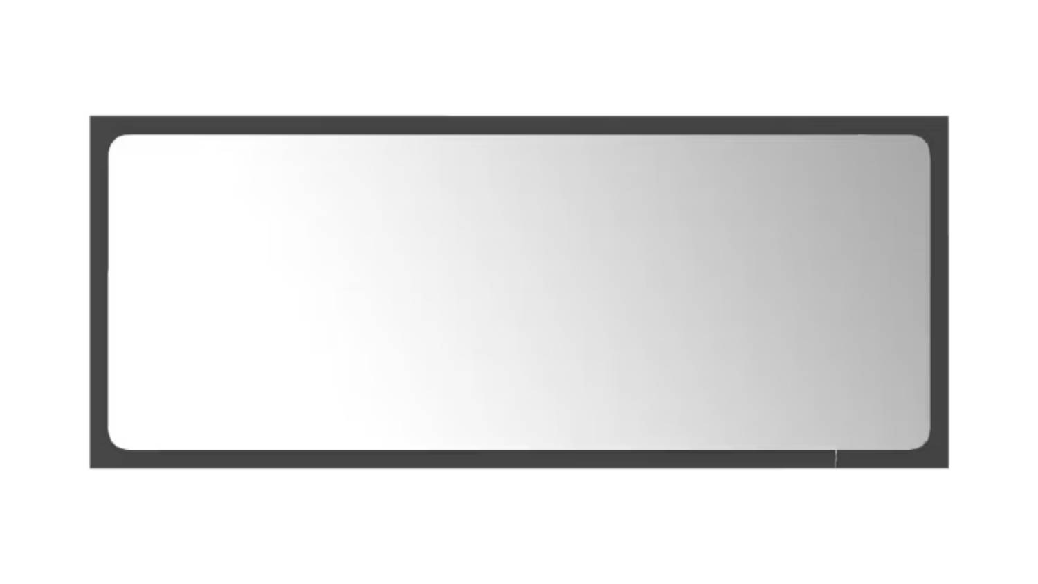 A rectangle-shaped bathroom mirror, framed in a slim grey border