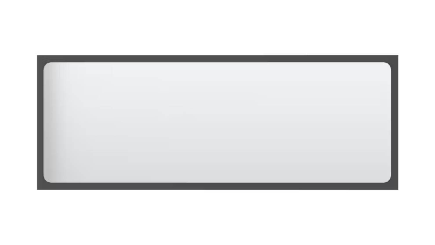 A rectangle-shaped bathroom mirror, framed in a slim grey border