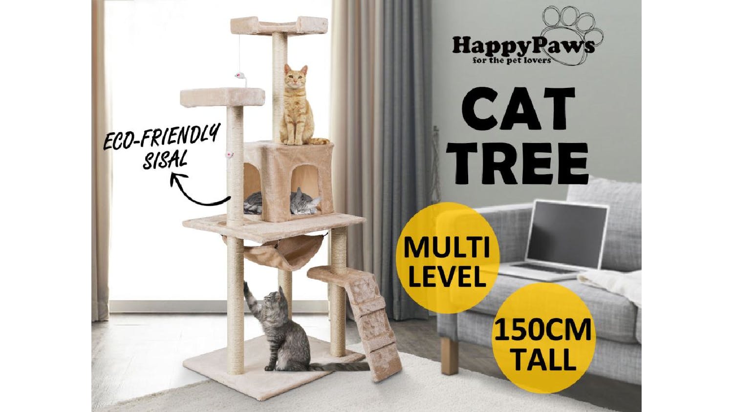 TSB Living Cat Tree w/ Hide, Nests 150cm - Cream