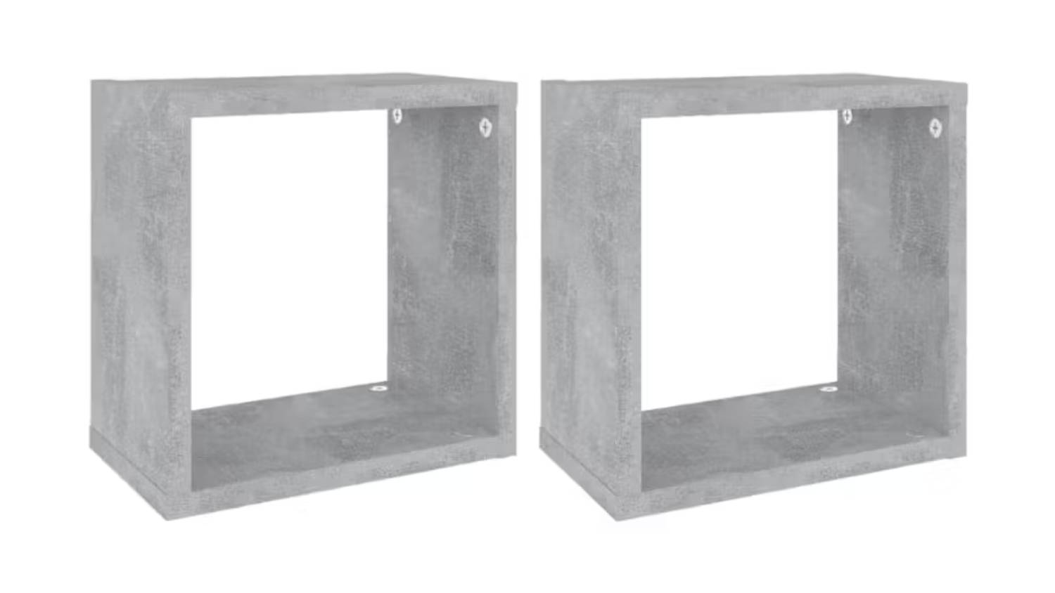 Two concrete grey floating cube wall shelves shown side by side, each with a square open‑front design