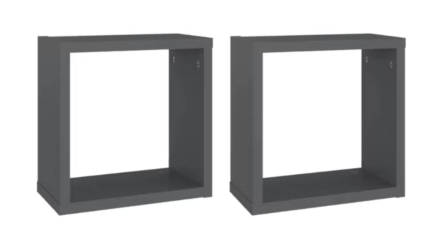 Angled view of two floating cube wall shelves in grey
