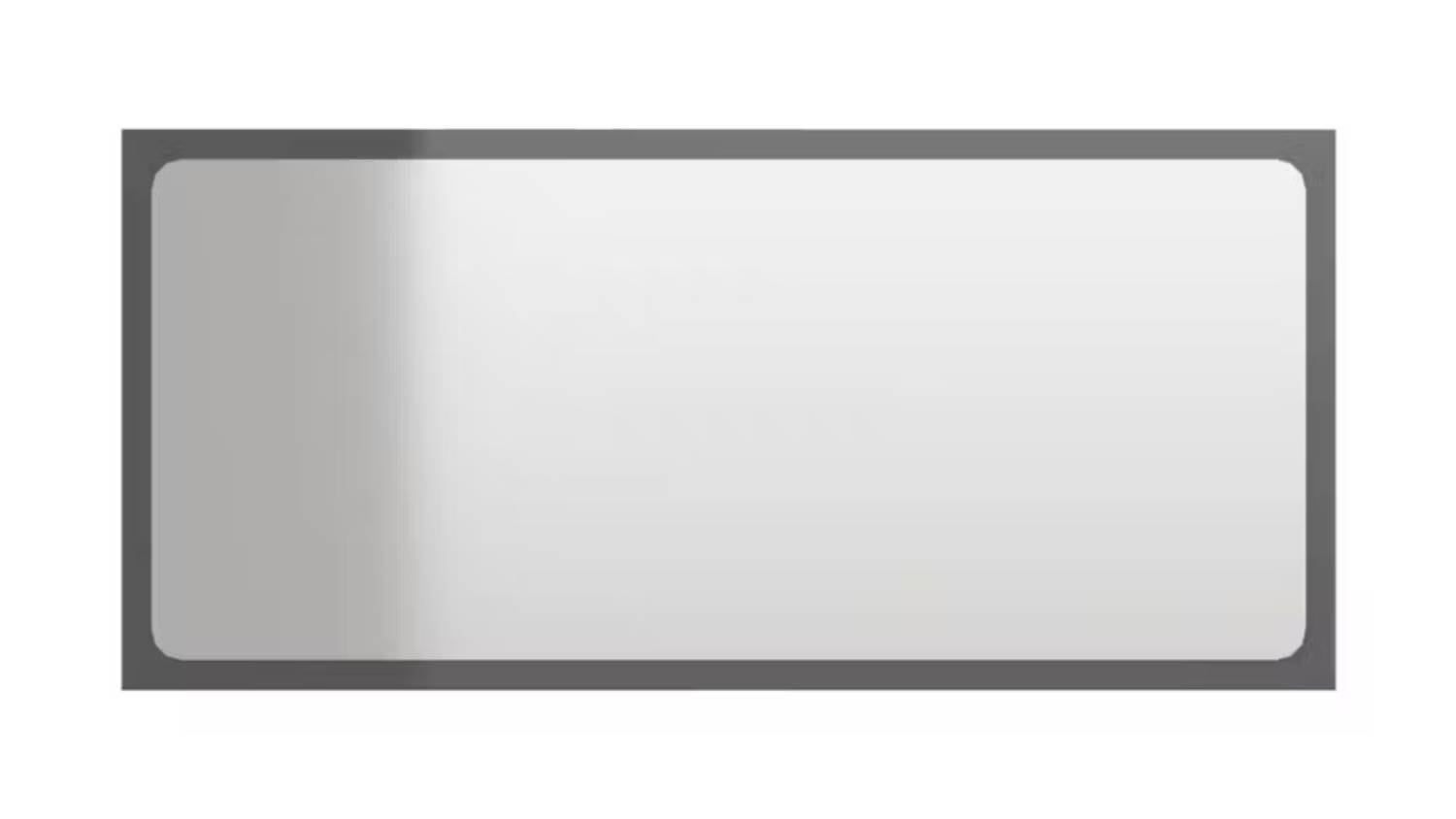 A rectangle-shaped bathroom mirror, framed in a slim gloss grey border