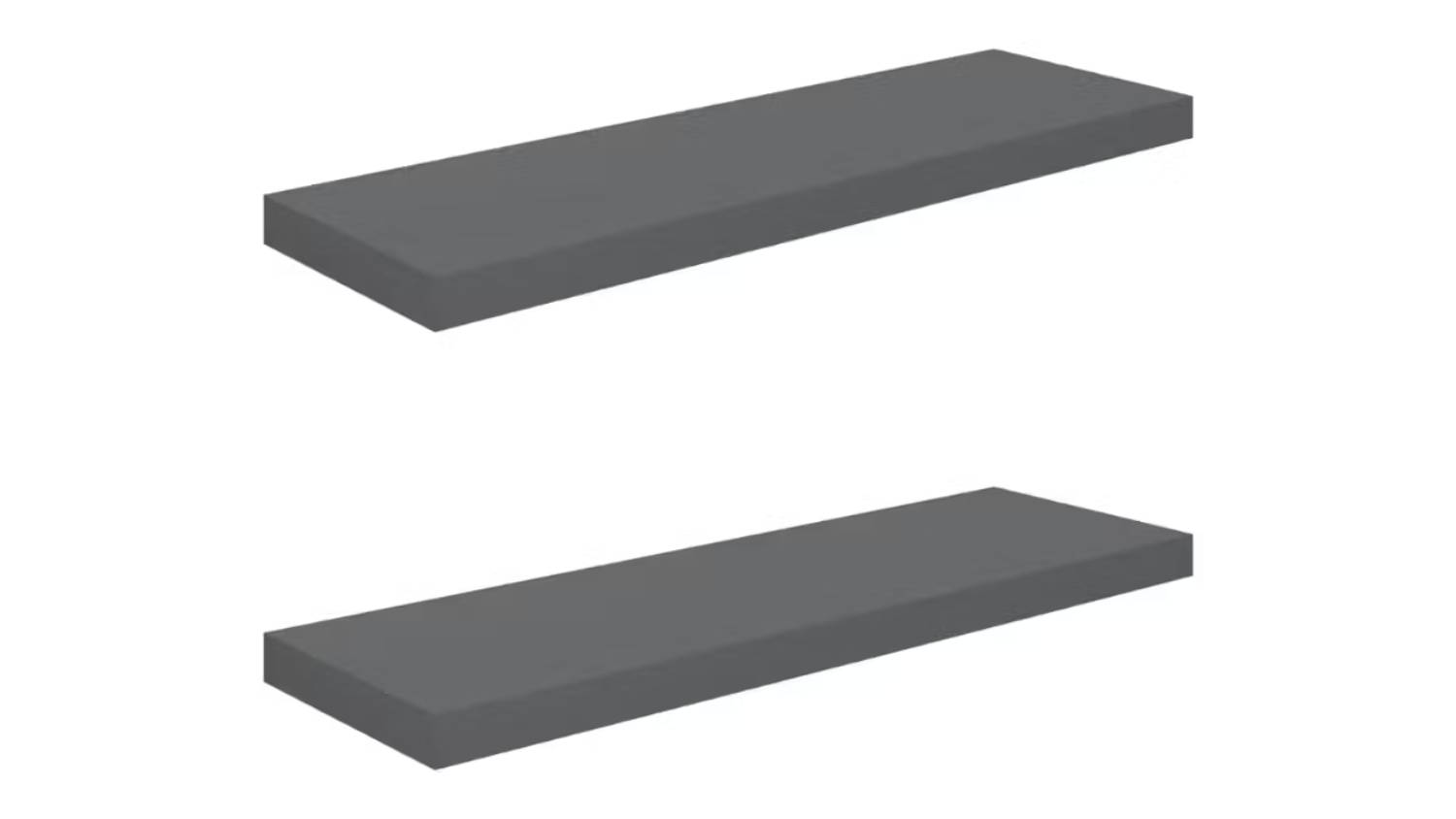 Two gloss grey floating wall shelves shown horizontally on a white background