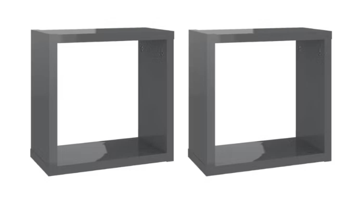 Angled view of two floating cube wall shelves in gloss grey