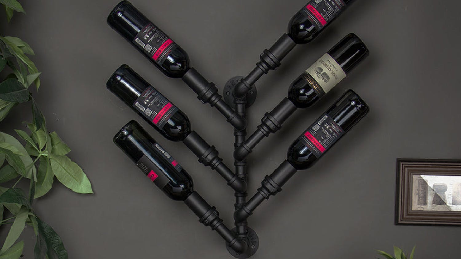 TSB Living 6 Bottle Wall Mounted Industrial Pipe Wine Rack - Black