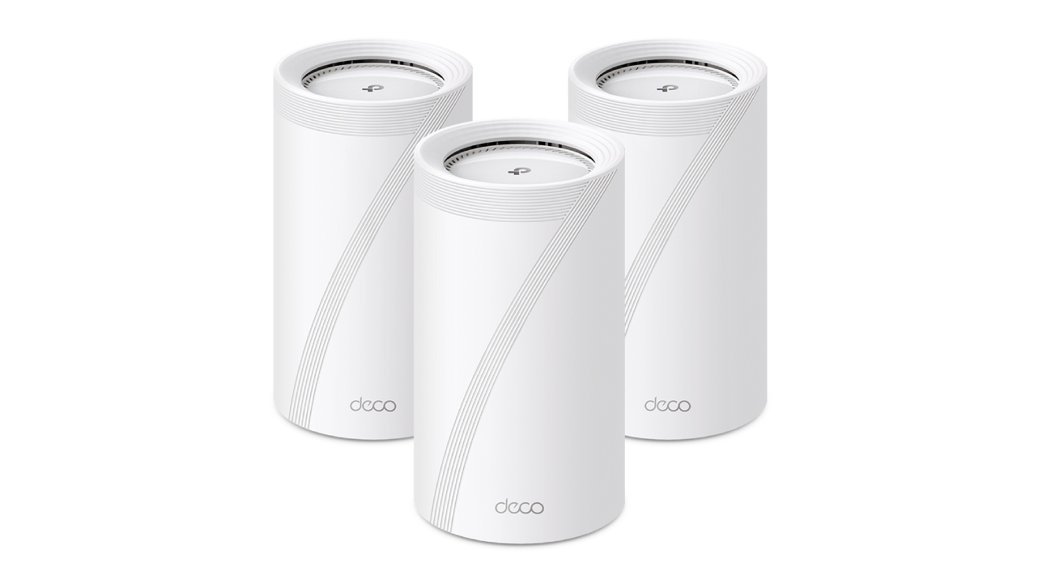 Three white, cylindrical TP-Link Deco mesh Wi-Fi 7 systems.
