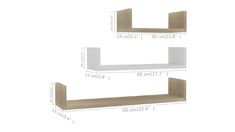 NNEVL Wall Shelves U-Shape Floating 3pcs. - White/Sonoma Oak