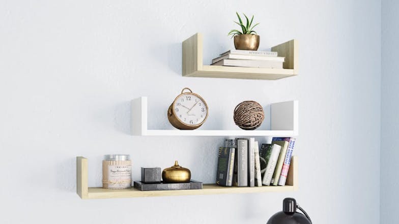 NNEVL Wall Shelves U-Shape Floating 3pcs. - White/Sonoma Oak