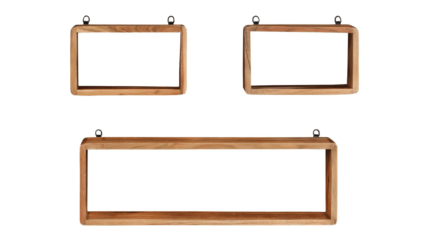 A front view of a floating rectangle wall shelf made from Acacia wood and a minimalist box design