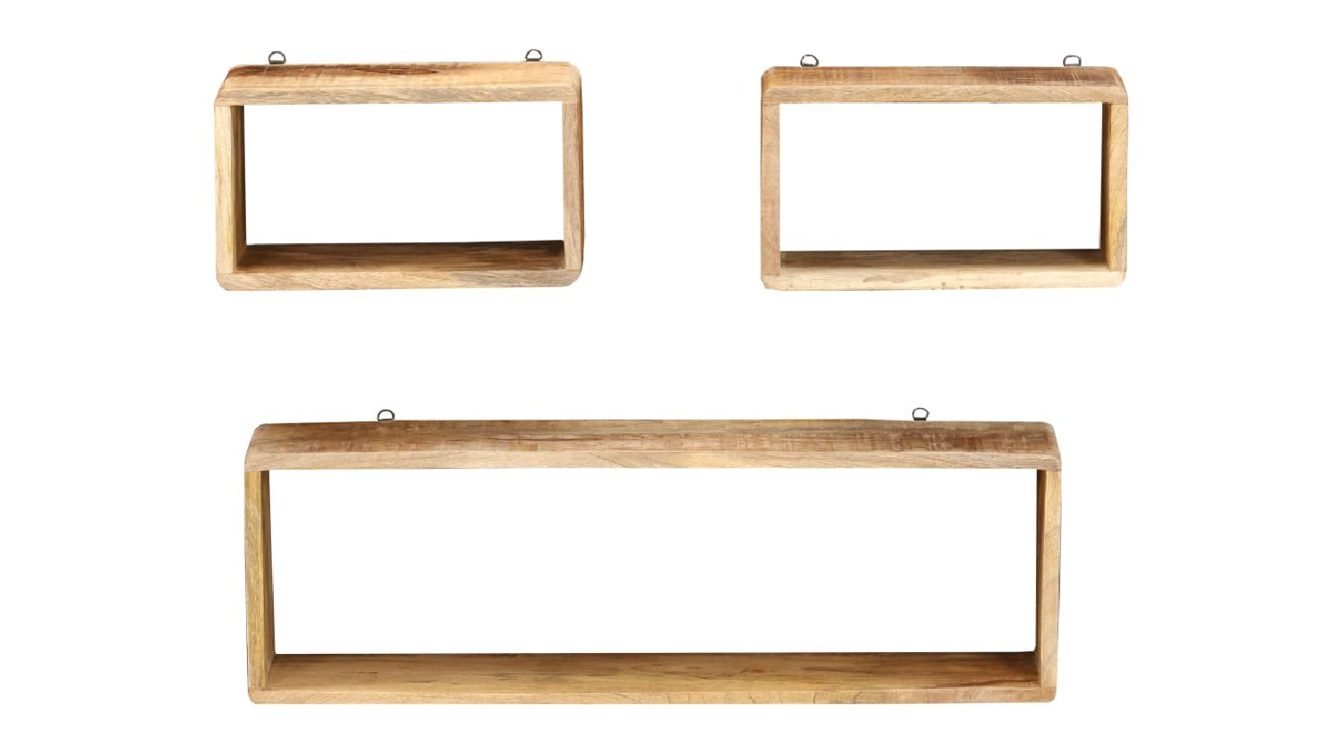 A front view of a floating rectangle wall shelf made from mango wood and a minimalist box design