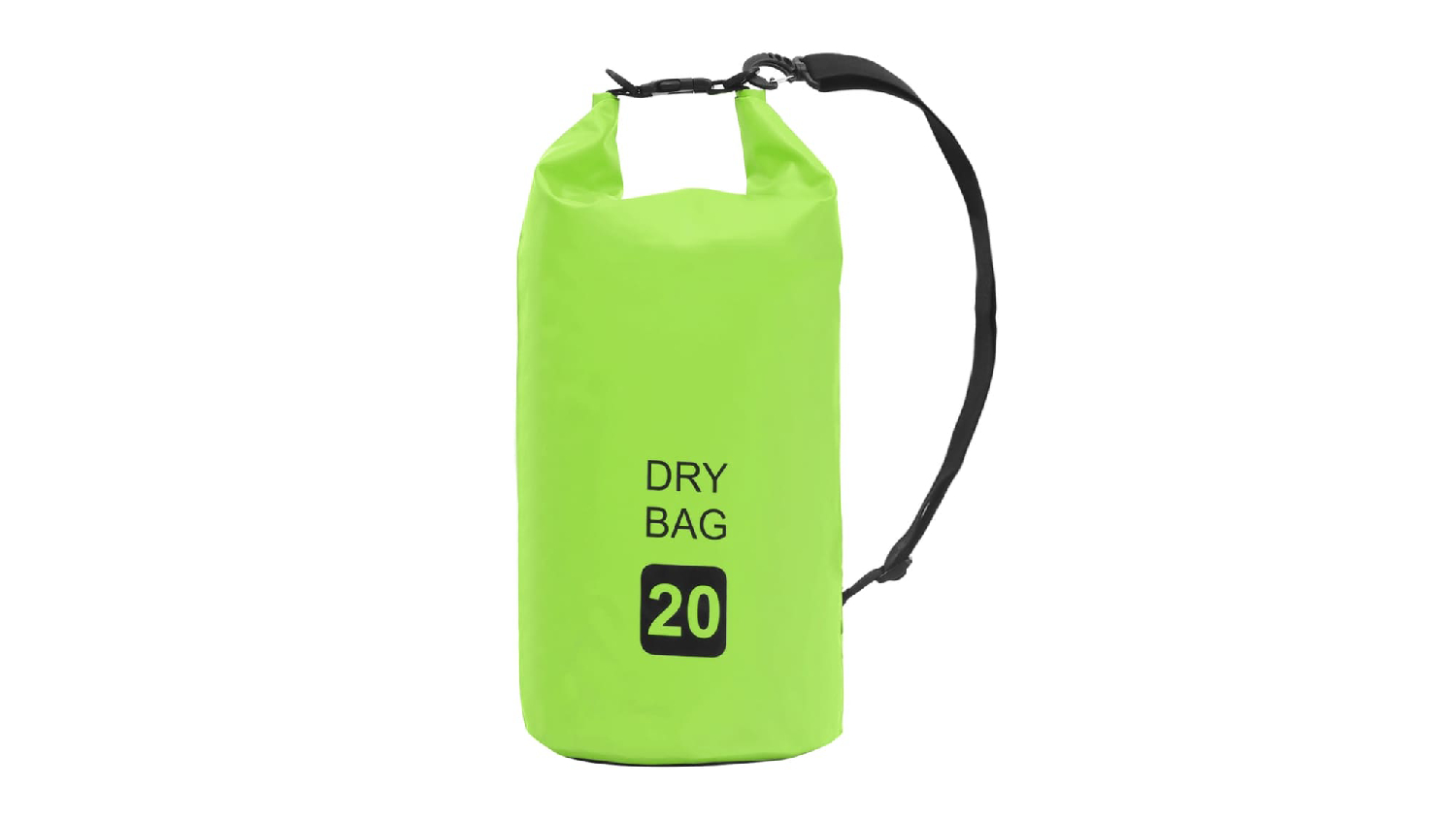 NNEVL 20L green PVC dry bag, rolled and buckled with a black shoulder strap