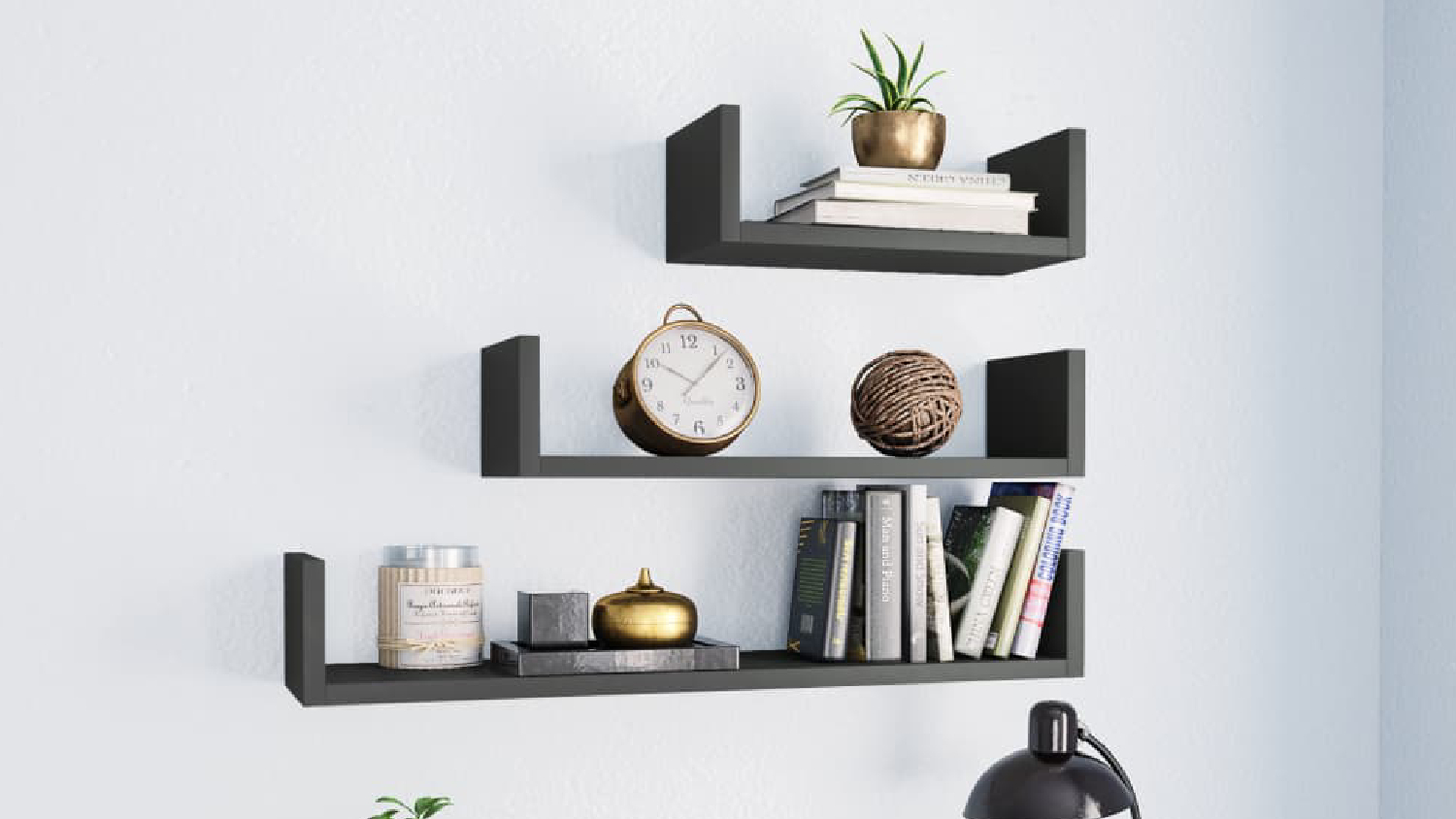 NNEVL U-Shape Floating Wall Shelves 3pcs - Gloss Grey