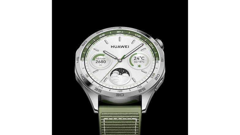 Huawei Watch GT 4 Smartwatch - Stainless steel Case with Green Wovenr Band (46mm Case, GPS, Bluetooth)