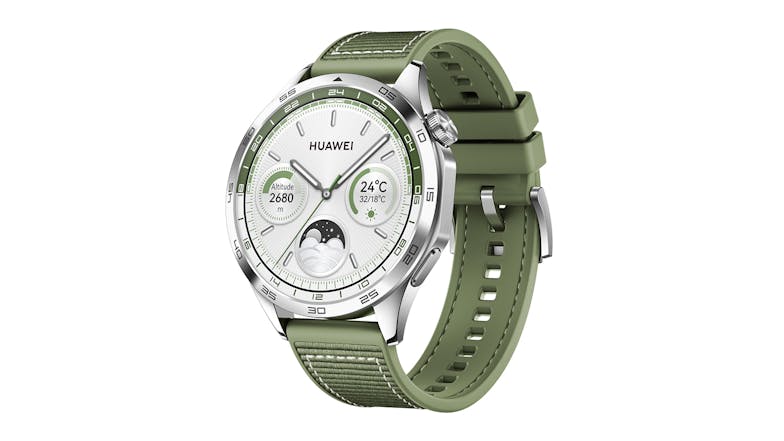 Huawei Watch GT 4 Smartwatch - Stainless steel Case with Green Wovenr Band (46mm Case, GPS, Bluetooth)