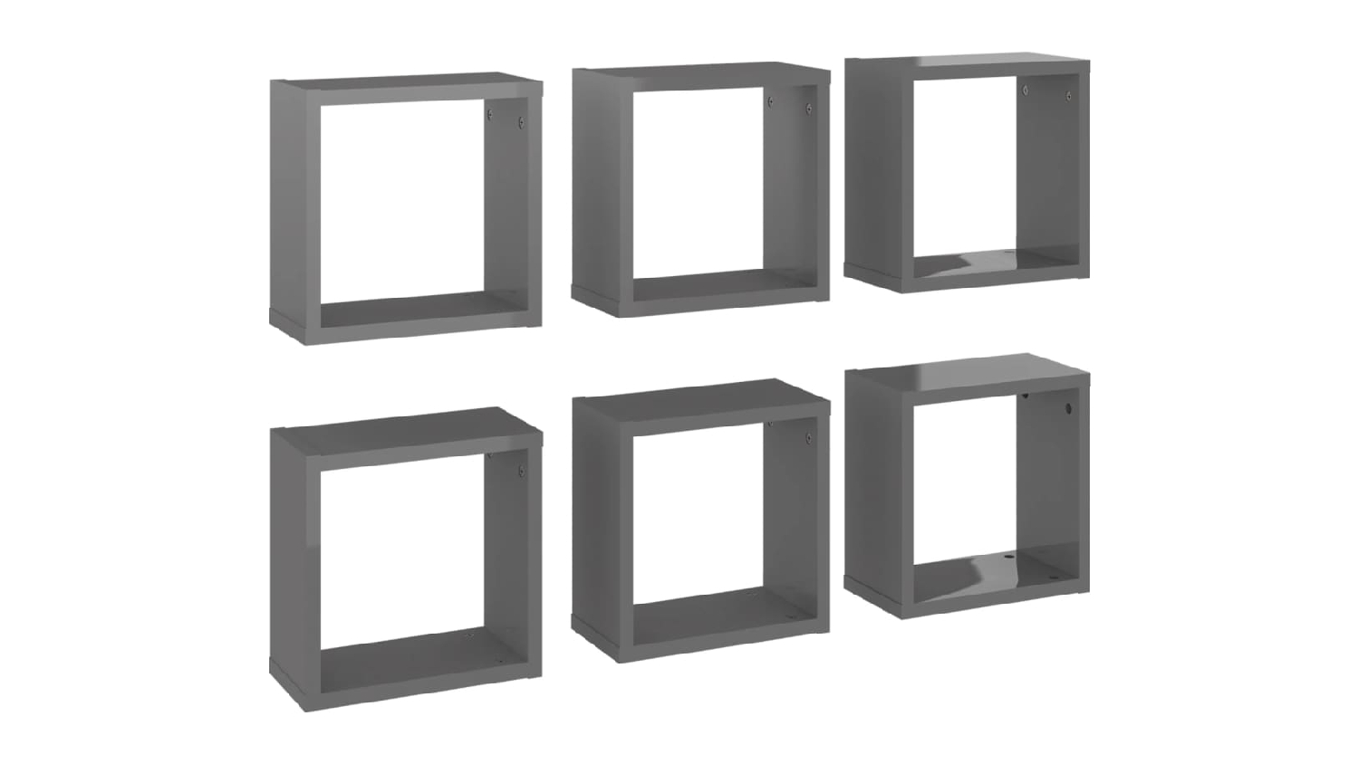 Angled view of six floating cube wall shelves in gloss grey, shown in two rows