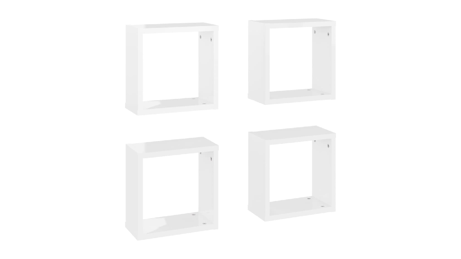 ngled view of four floating cube wall shelves in gloss white, shown in two rows