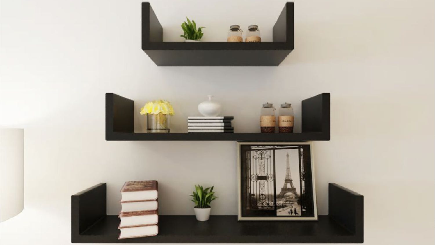 NNEVL Wall Shelves U-Shape Floating 3pcs. - Black