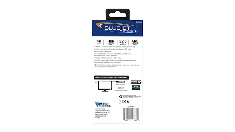 Vanco Bluejet 22.5 Gbps HDMI ARC Cable with Ethernet - 0.91m (BJVP1001) Supports 4K @ 60Hz & HDR