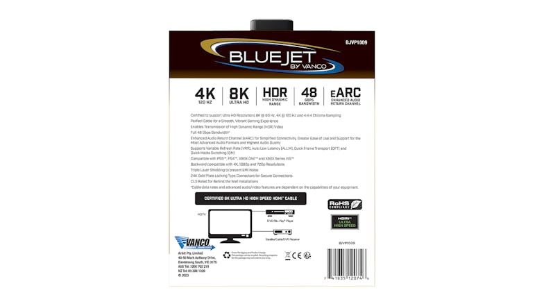 Vanco Bluejet 8K Ultra HD 48-GBPS HDR 24K Gold Plated HDMI eARC Cable - 3.04m Length