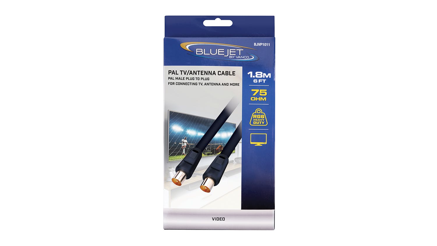 Vanco Bluejet PAL Male to F-Type RG6 Plug Coaxial TV Antenna Cable - 1.8m Length