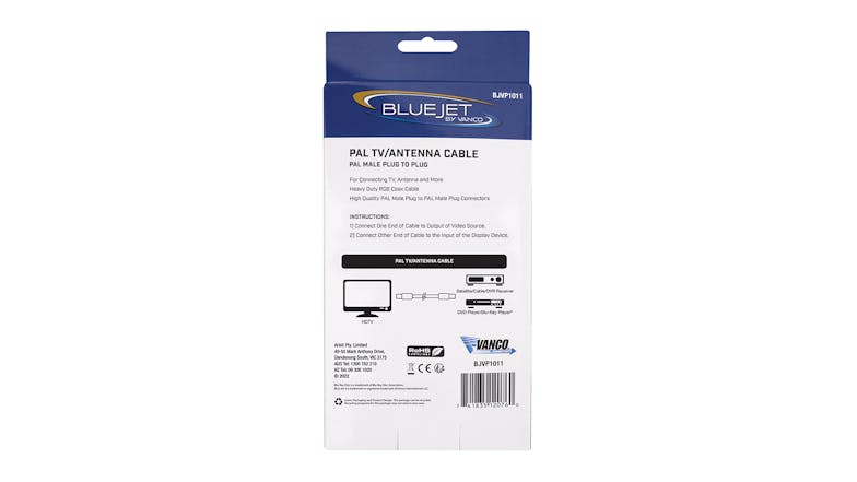 Vanco Bluejet PAL Male to F-Type RG6 Plug Coaxial TV Antenna Cable - 1.8m Length