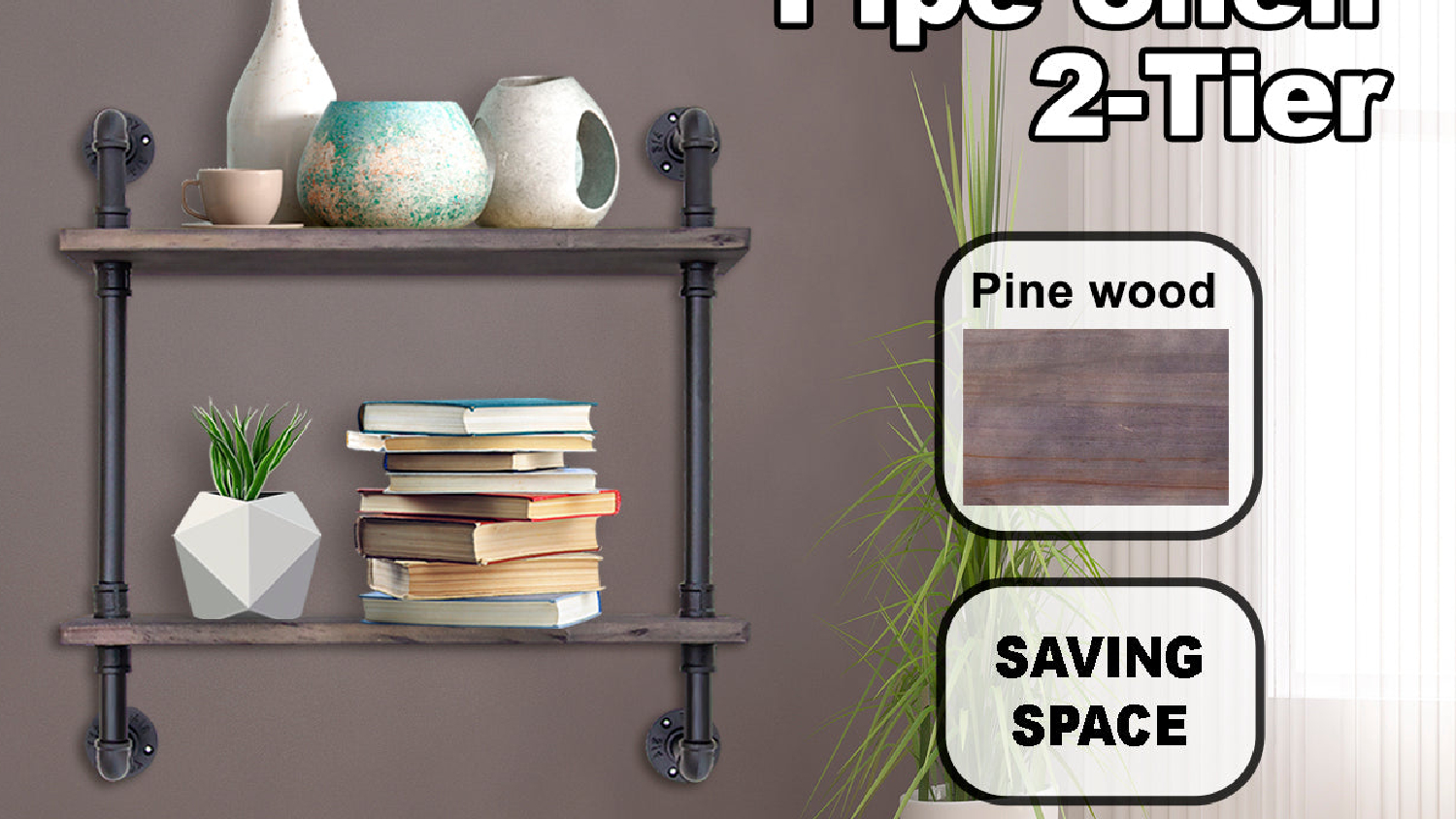 TSB Living 2 Tier Industrial Pipe Shelf