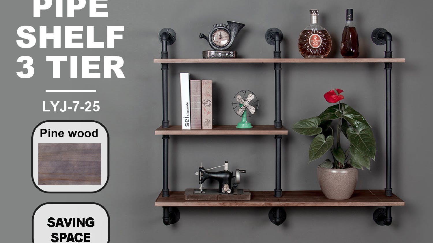 TSB Living 3 Tier Double Wide Industrial Pipe Shelf