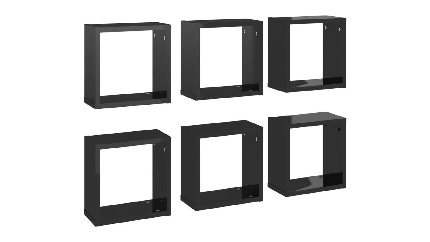 Angled view of six floating cube wall shelves in gloss black, shown in two rows