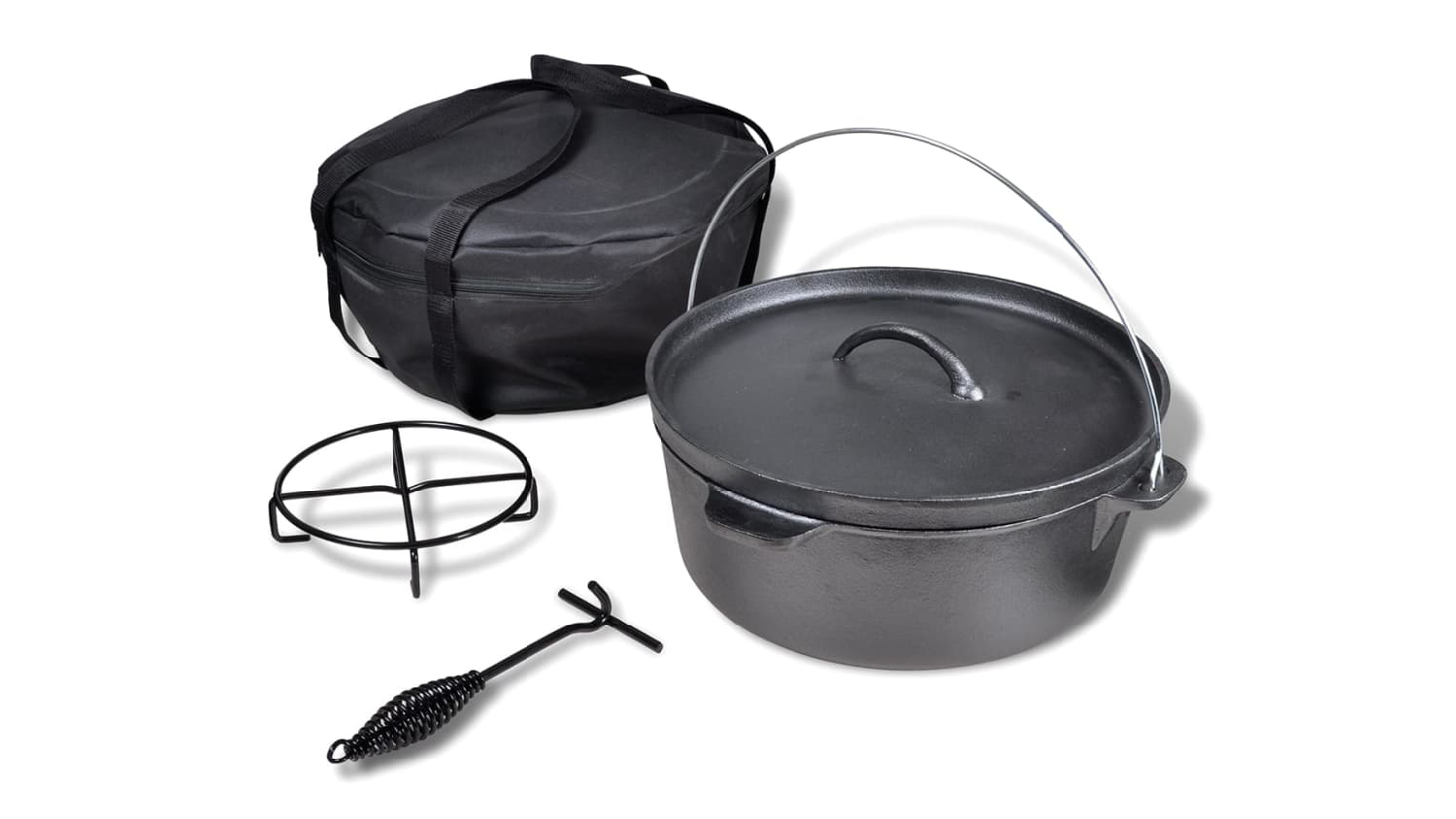 NNEVL 11.3L Dutch Oven set with cast iron pot, lid, carrying bag, lid lifter, and metal stand