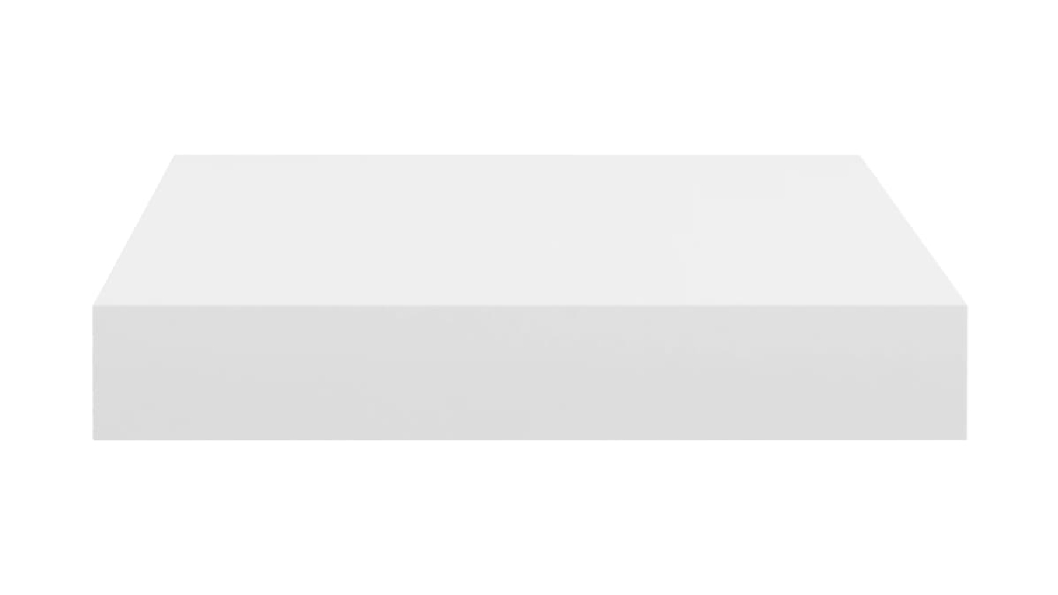 Front view of a white floating wall shelf showing a smooth, rectangular ledge with clean edges