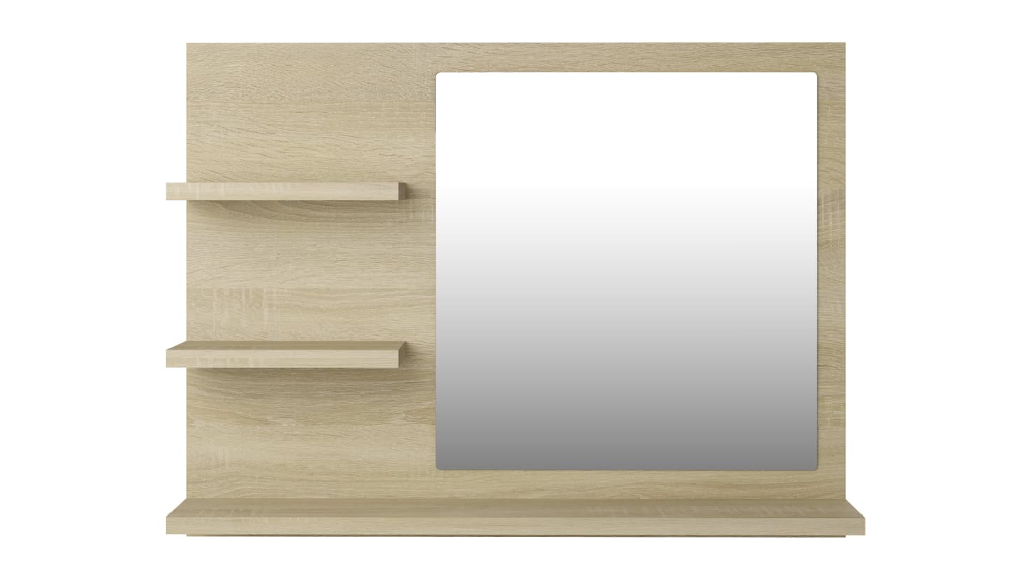 A rectangular Sonoma oak bathroom mirror with a large mirror panel and two small open shelves