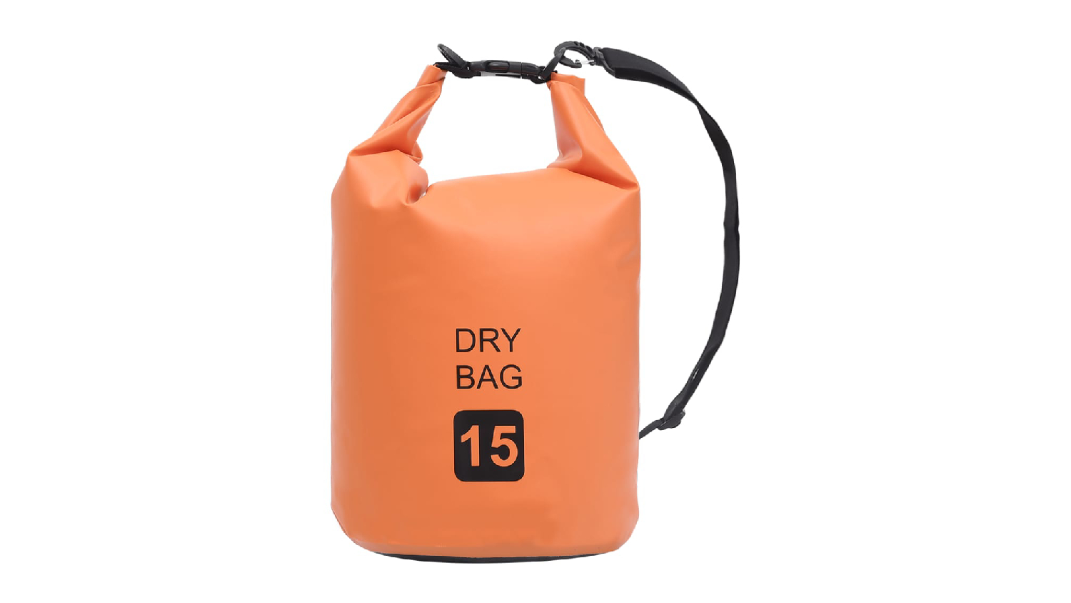 NNEVL 15L orange dry bag, rolled and buckled with shoulder strap