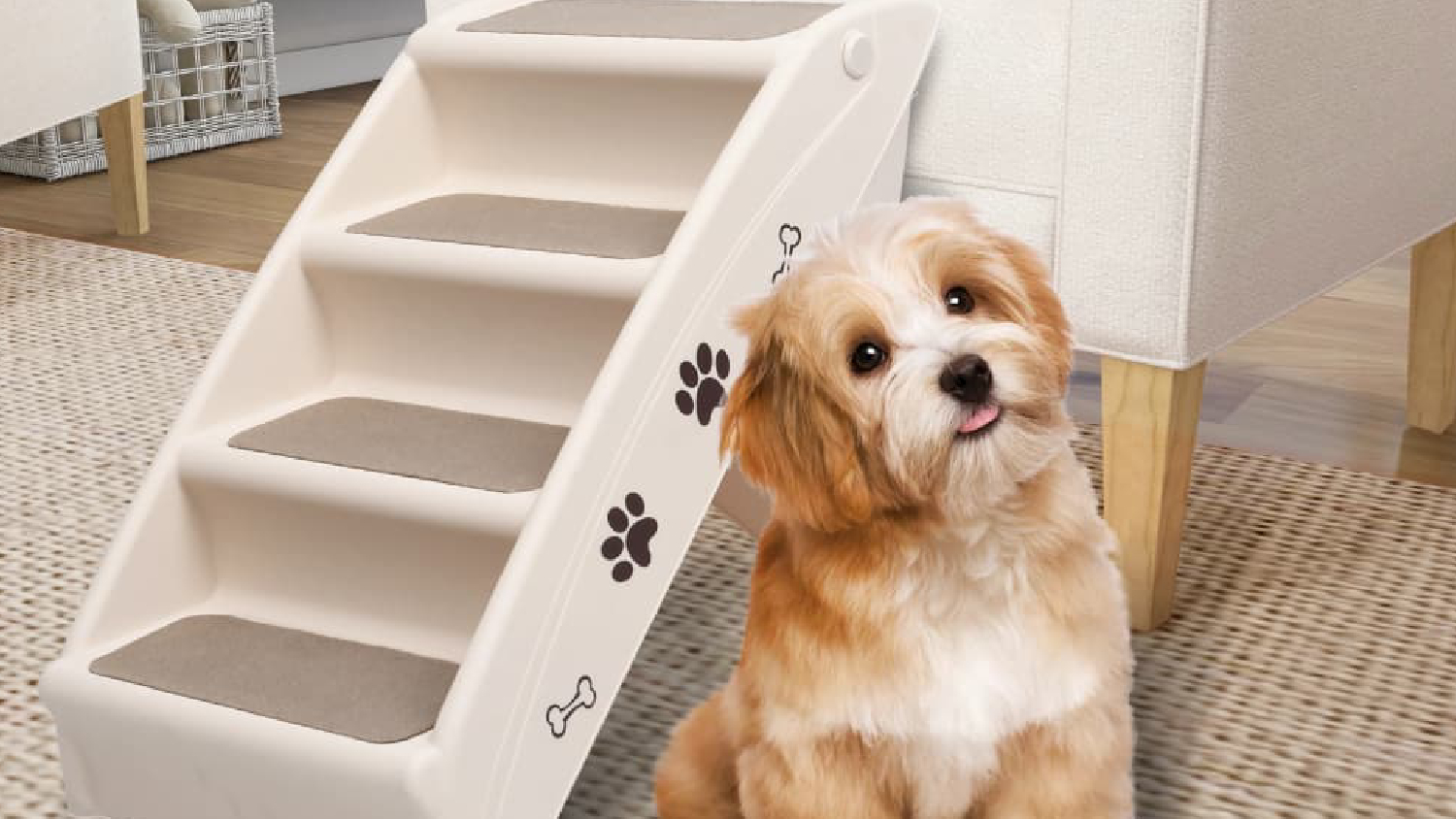 NNEVL Folding Dog Stairs 62 x 40 x 49cm - Cream
