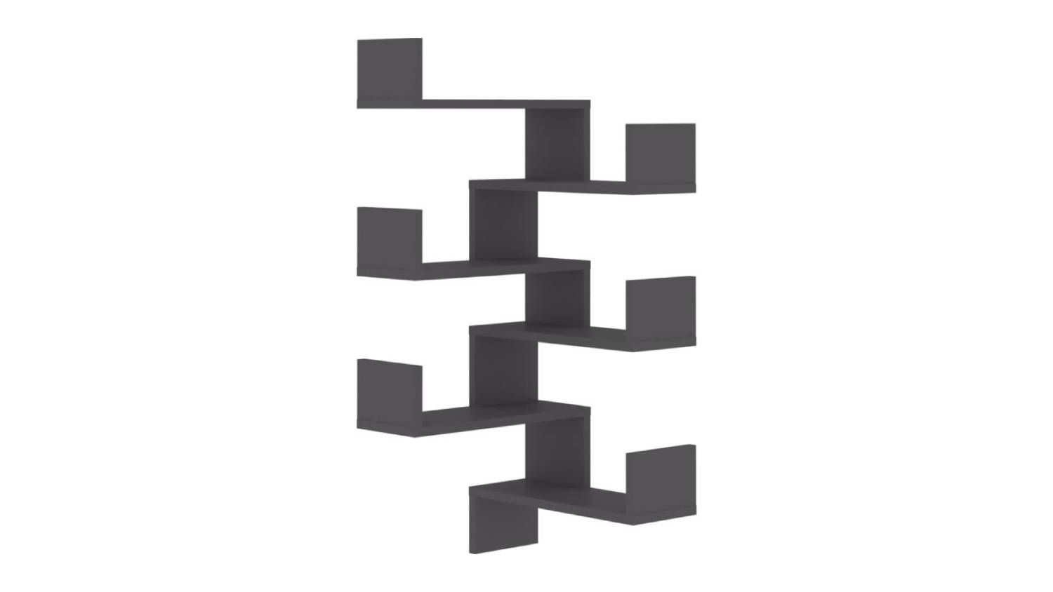 A grey corner wall shelf unit with six zigzagging tiers, forming alternating left‑ and right‑facing L‑shaped shelves