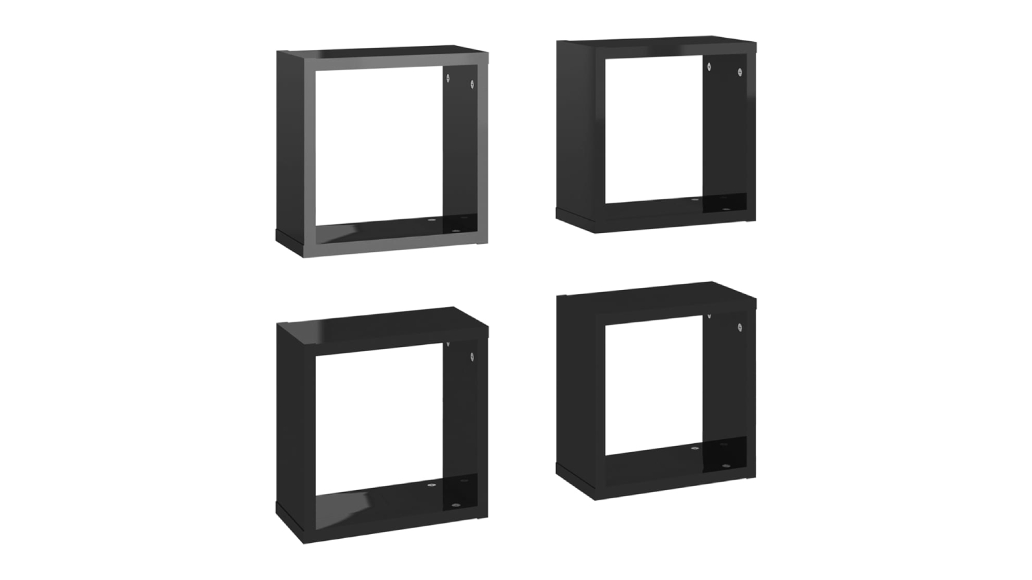 Angled view of four floating cube wall shelves in gloss black, shown in two rows
